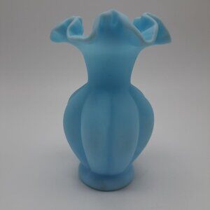 Fenton Art Glass Blue Satin Melon Vase Vintage Collectible Ruffled Edge